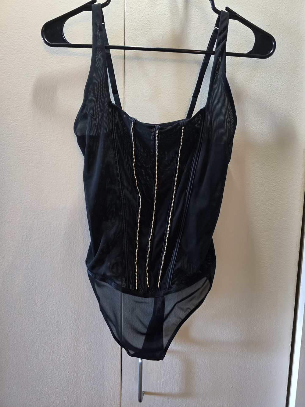 Auden Black Sheer Bodysuit with Vertical Chain Trim